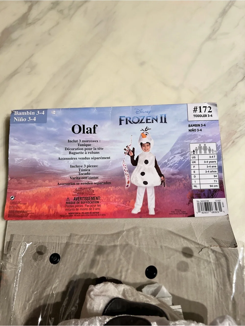 Disney Frozen II Olaf Toddler Costume Size 3-4 Halloween 3 Piece Snowman Outfit